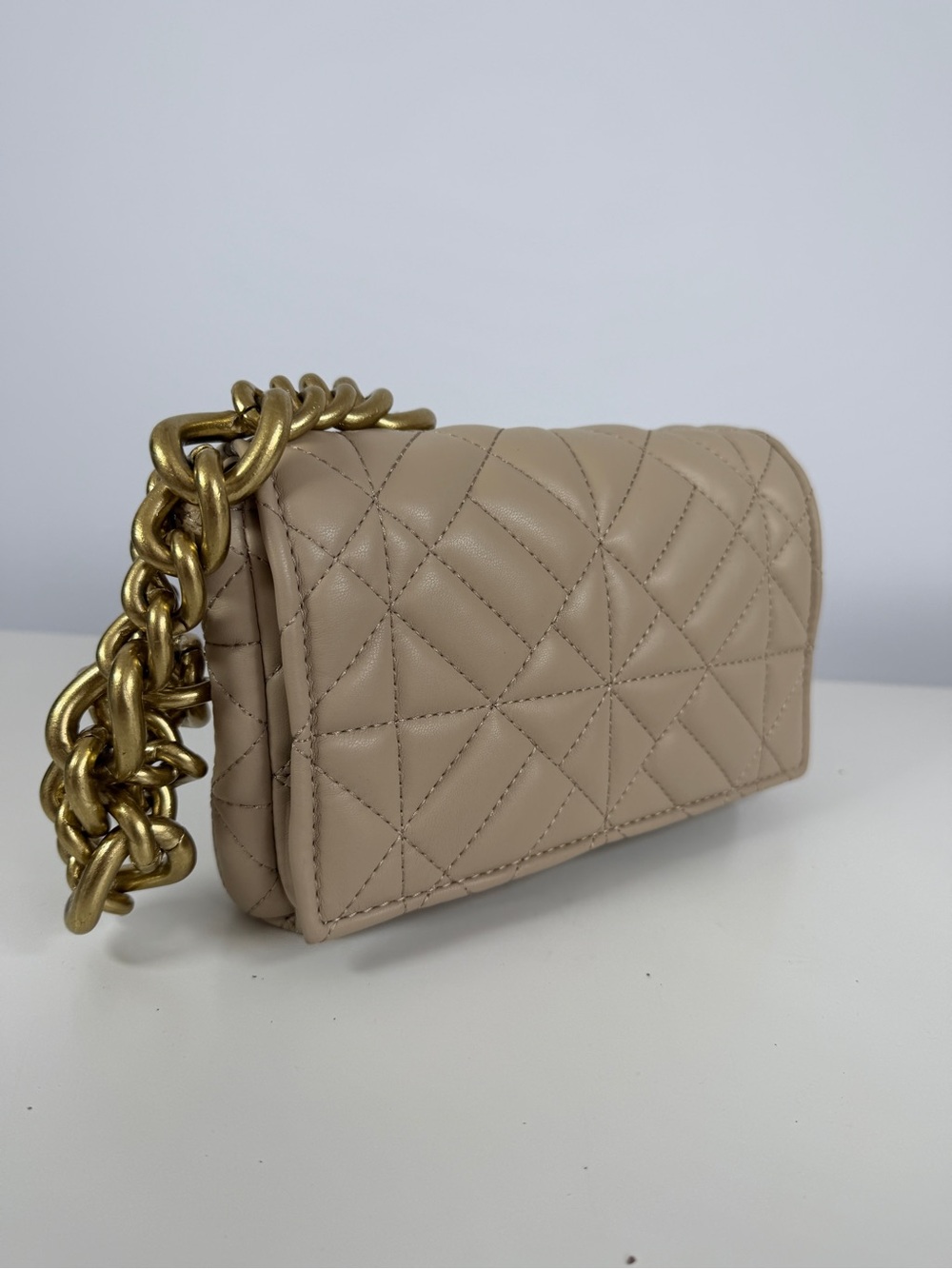 Zara Quilted Mini Shoulder Bag in Beige with Gold Chain
